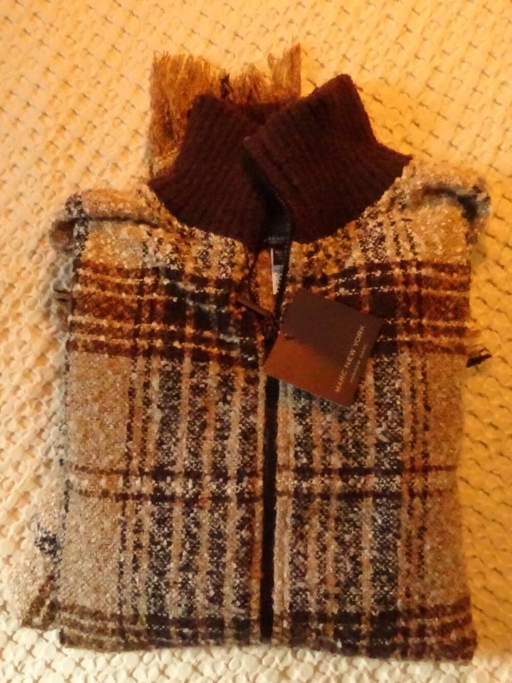 Marc New York Andrew Marc Plaid Boucle Poncho One Size Brown Tan Zip Front NWT